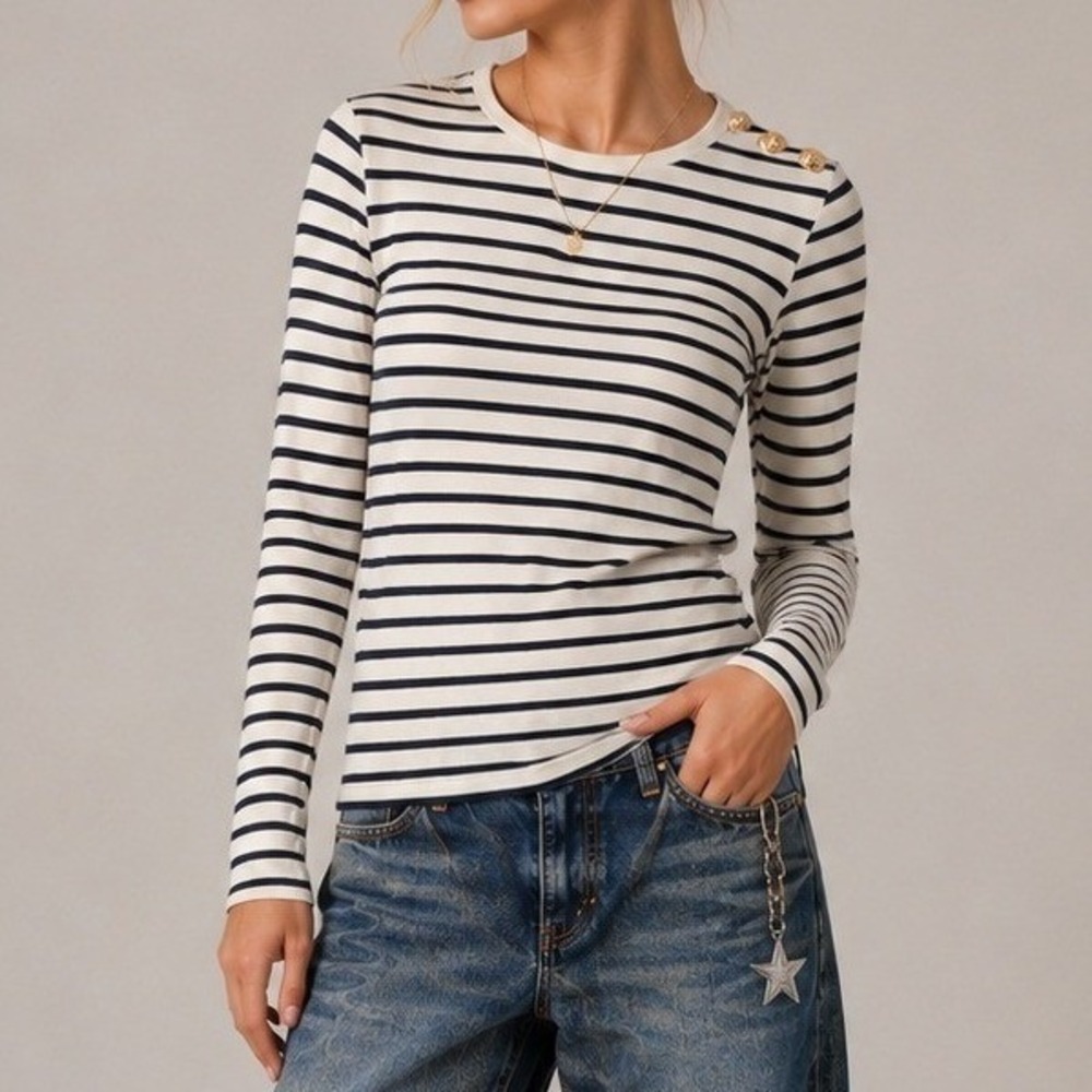English Factory Striped Long Sleeve Top Cream Navy Gold‎ Shoulder Buttons Small